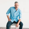 Essential Band Collar 1 Pocket Button Down Shirt - Pacific Blue Cotton Twill
