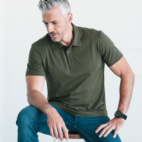 Men's Essential Polo - Short Sleeve in Olive Green Cotton Jersey