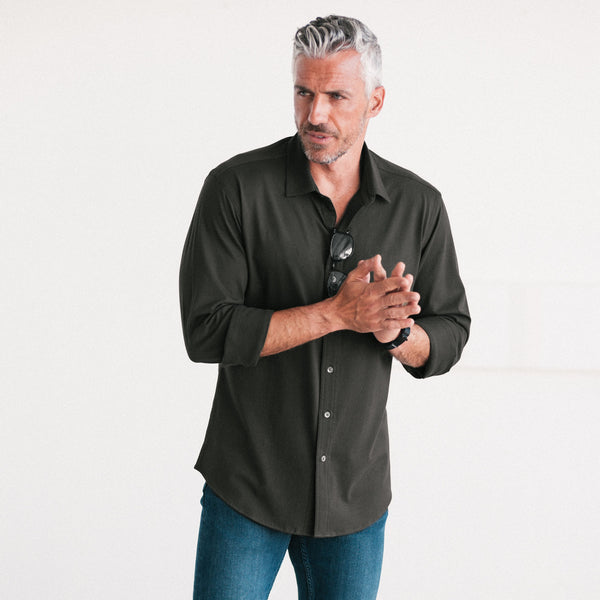 Men's Casual Button Down Shirt in Black Cotton Jersey Med / Large - Tall