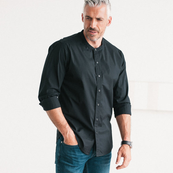 Men's Band Collar Button Down Shirt In Black Stretch Cotton Poplin