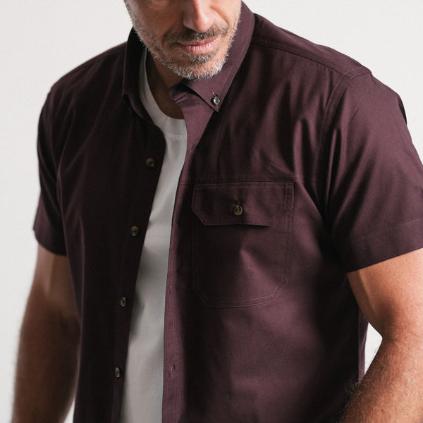Men's Short Sleeve Casual Shirt - Builder in Burgundy Cotton Oxford Med / Large - Tall