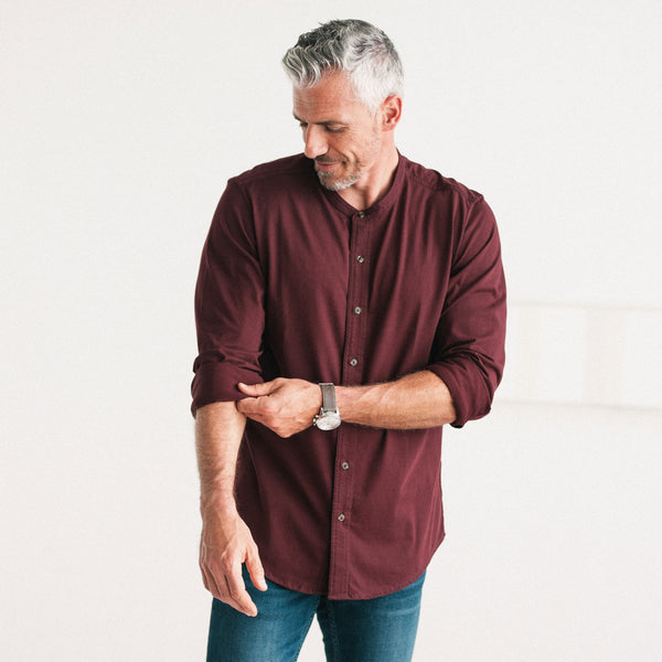 Band Collar T-Shirt Shirt - Burgundy Cotton Jersey
