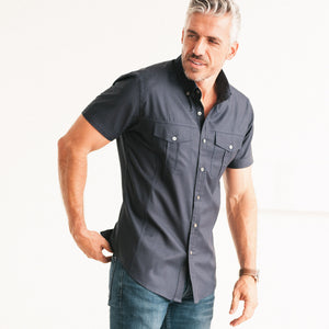 Editor Two Pocket Short Sleeve Men's Utility Shirt In Dark Navy Mercerized Cotton On Body