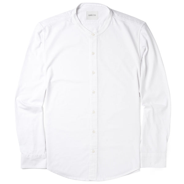 Men's Casual Band Collar Shirt in White Cotton Jersey | Batch