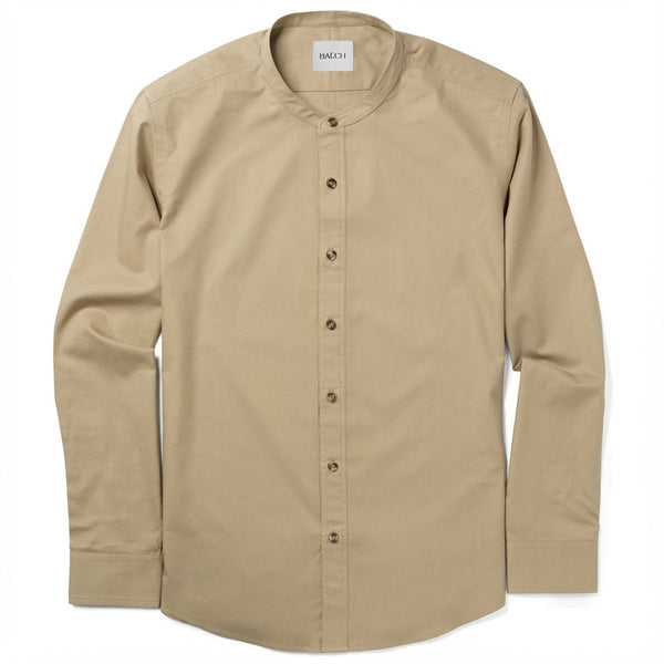Men's Band Collar Button Down Shirt In Desert Stone 100% Cotton