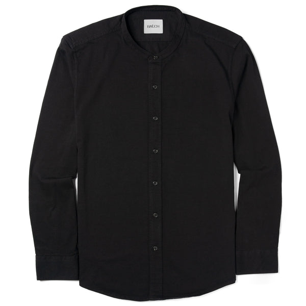Men's Casual Band Collar Shirt in Black Cotton Jersey | Batch