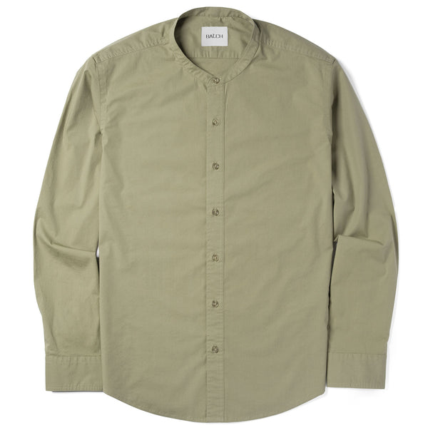 Men's Band Collar Button Down Shirt In Light Green Stretch Cotton