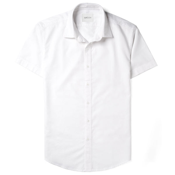 Men's Casual Button Down Short Sleeve Shirt in White Cotton Oxford Large