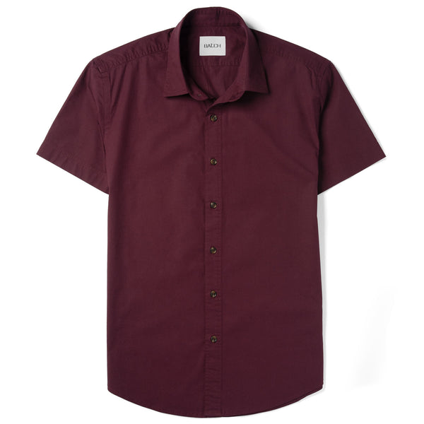 Men's Casual Button Down Short Sleeve Shirt in Burgundy Stretch Poplin Large