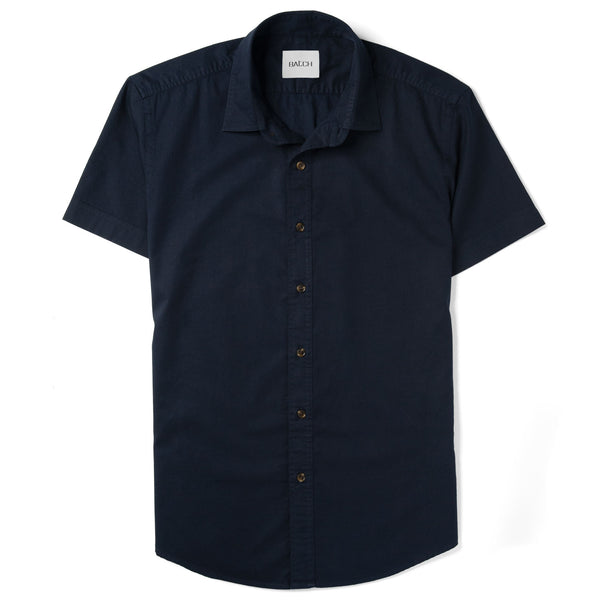 Men's Casual Button Down Short Sleeve Shirt in Navy Stretch Poplin Medium