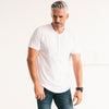 Batch Men's Essential Short Sleeve Curved Hem Henley – White Cotton Jersey Image Standing on Body