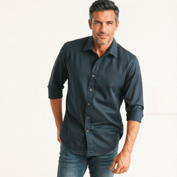 Men's Casual Button Down Shirt in Navy Blue Cotton Poplin | Batch