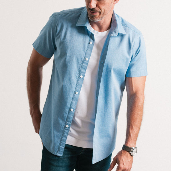 Men's Casual Button Down Short Sleeve Shirt in Blue Stretch Poplin Medium