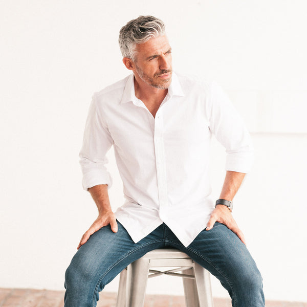 Men's Casual Button Down Shirt in White Cotton Jersey Medium
