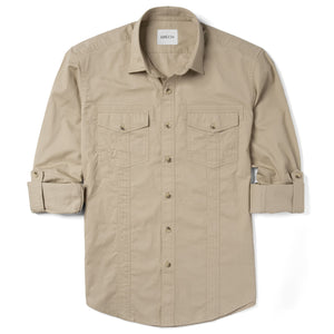 Light Tan Spread Collar Men's 2 Patch Pocket with Roll Sleeves Utility Shirt Masculine Details in Cotton