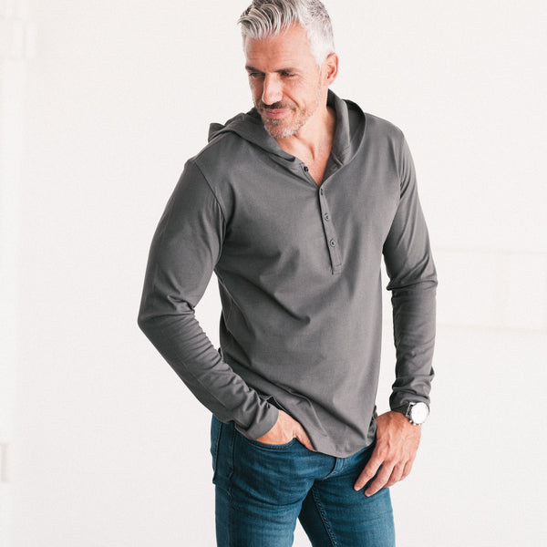 Men's Hooded Henley Long Sleeves in Slate Gray Cotton Jersey Batch
