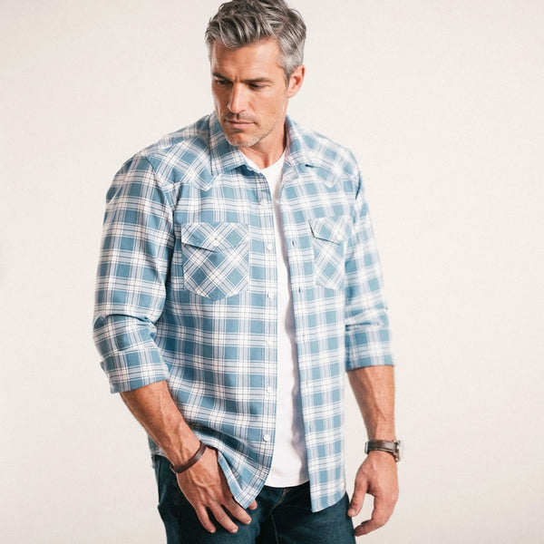 Basket Weave Plaid Shirt 『Ｍ』Light Blue Men's Utility Shirt - Maker In Light Blue Oxford Plaid | Batch