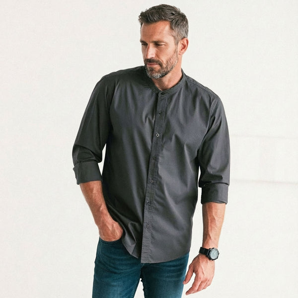 Men's Band Collar Button Down Shirt In Slate Gray 100% Cotton Twill Small