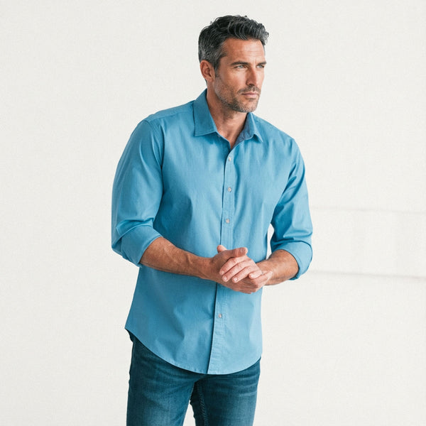Men's Casual Button Down Shirt in Steel Blue Cotton Poplin X-Large