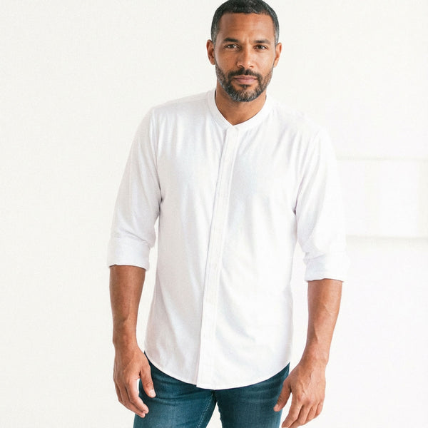 Men's Casual Band Collar Shirt in White Cotton Jersey | Batch