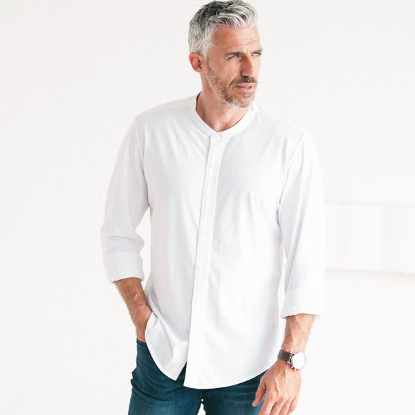 Band Collar T-Shirt Shirt - Pure White Cotton Jersey