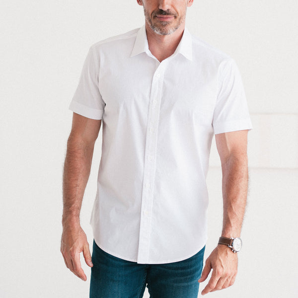 pleated front short sleeve dress shirt men white Ryan Short Sleeve White Adaptive Cotton Shirt Ideal for resort stays and summer travel. White SOLID KNIT STRETCH SHORT