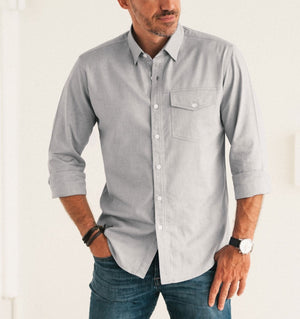Batch Men's Author Casual Shirt In Aluminum Gray Cotton Oxford On Body Image