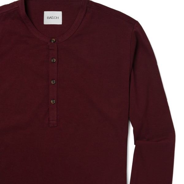 Men's Curved Hem Henley Long Sleeves in Burgundy Cotton Jersey Batch
