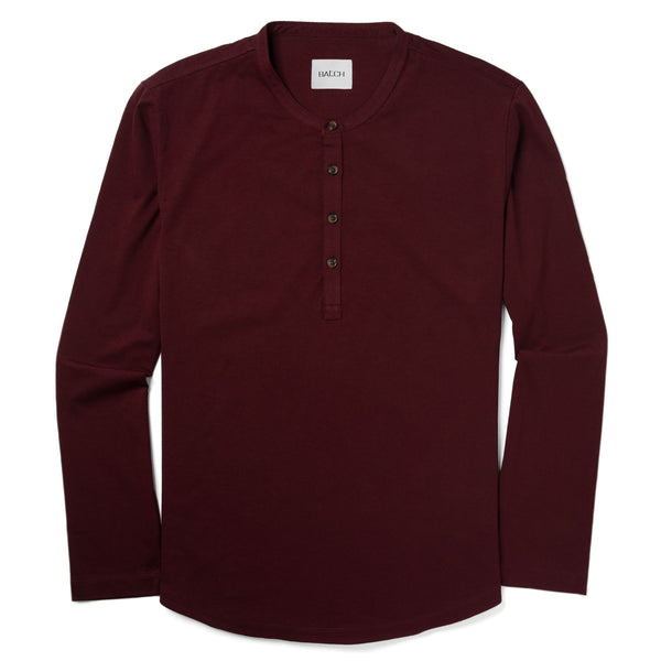 Men's Curved Hem Henley Long Sleeves in Burgundy Cotton Jersey