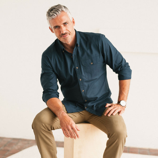 sweet dress official Men's One Pocket Casual Shirt - Builder in Navy Blue Cotton Oxford