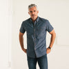 Batch Men's Builder Short Sleeve Casual Shirt In Navy Blue End-on-end Close Up Pocket On Body Standing Image