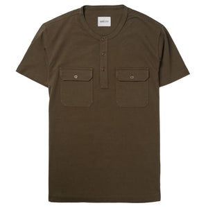 Batch Men's Constructor Short Sleeve Henley Shirt – Olive Green Cotton Jersey Front Image