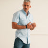 Batch Men's Editor Short Sleeve Utility Shirt – Clean Blue Mercerized Cotton Image on Body Standing