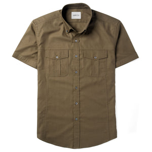 Editor Two Pocket Short Sleeve Men's Utility Shirt In Fatigue Green Mercerized Cotton