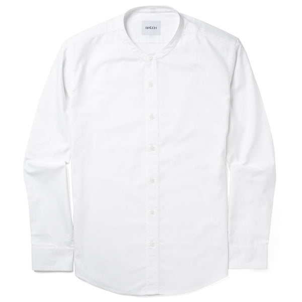 Men's Band Collar Button Down Shirt in White 100% Cotton Oxford Small