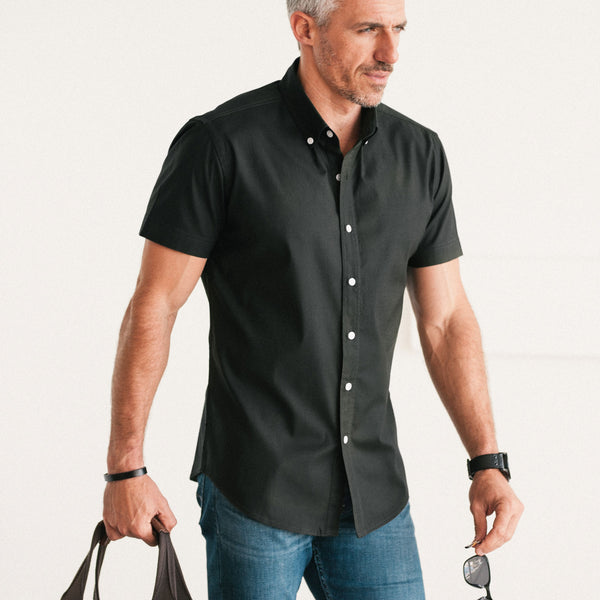 Men's Short Sleeve Casual Button Down Shirt in Jet Black Stretch Cotton