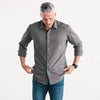 Batch Men's Essential T-Shirt Shirt - Slate Gray Cotton Jersey Image On Body Standing and Looking Down