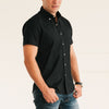 Batch Men's Essential Short Sleeve Casual Shirt - WB Jet Black Stretch Cotton Poplin Image On Body Hands in Pocket