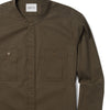 Band-Collar Fixer Two Pocket Men's Utility Shirt In Fatigue Green Cotton Twill Close-Up Image