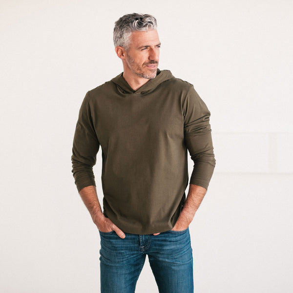 Men's T-Shirt Hoodie - Long Sleeves in Olive Green Cotton Jersey