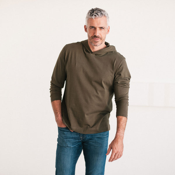Men's T-Shirt Hoodie - Long Sleeves in Olive Green Cotton Jersey