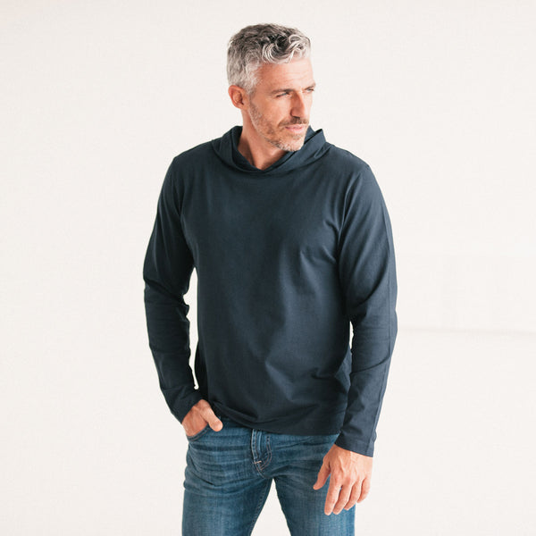 Men's T-Shirt Hoodie Long Sleeves in Dark Navy Cotton Jersey