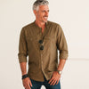 Batch Pioneer Men's Band Collar Shirt In Fatigue Green Mercerized Cotton On Body Image