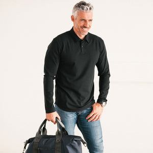 Batch Men's Essential Long Sleeve HBC Polo – Black Cotton Pique Image On Body Standing