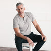 Batch Men's Essential Short Sleeve Henley Shirt – Cement Gray Cotton Jersey Image On Body Sitting
