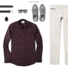 Burgundy Button Down Collar Mens Utility Shirt 2 Patch Pockets in Cotton - Laydown Outfit with Light Chinos