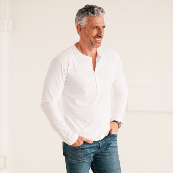 Woven Placket Henley Shirt – White Cotton Jersey