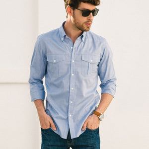 Batch Men's Editor Two Pocket Men's Utility Shirt In Classic Blue Cotton Oxford On Body Image