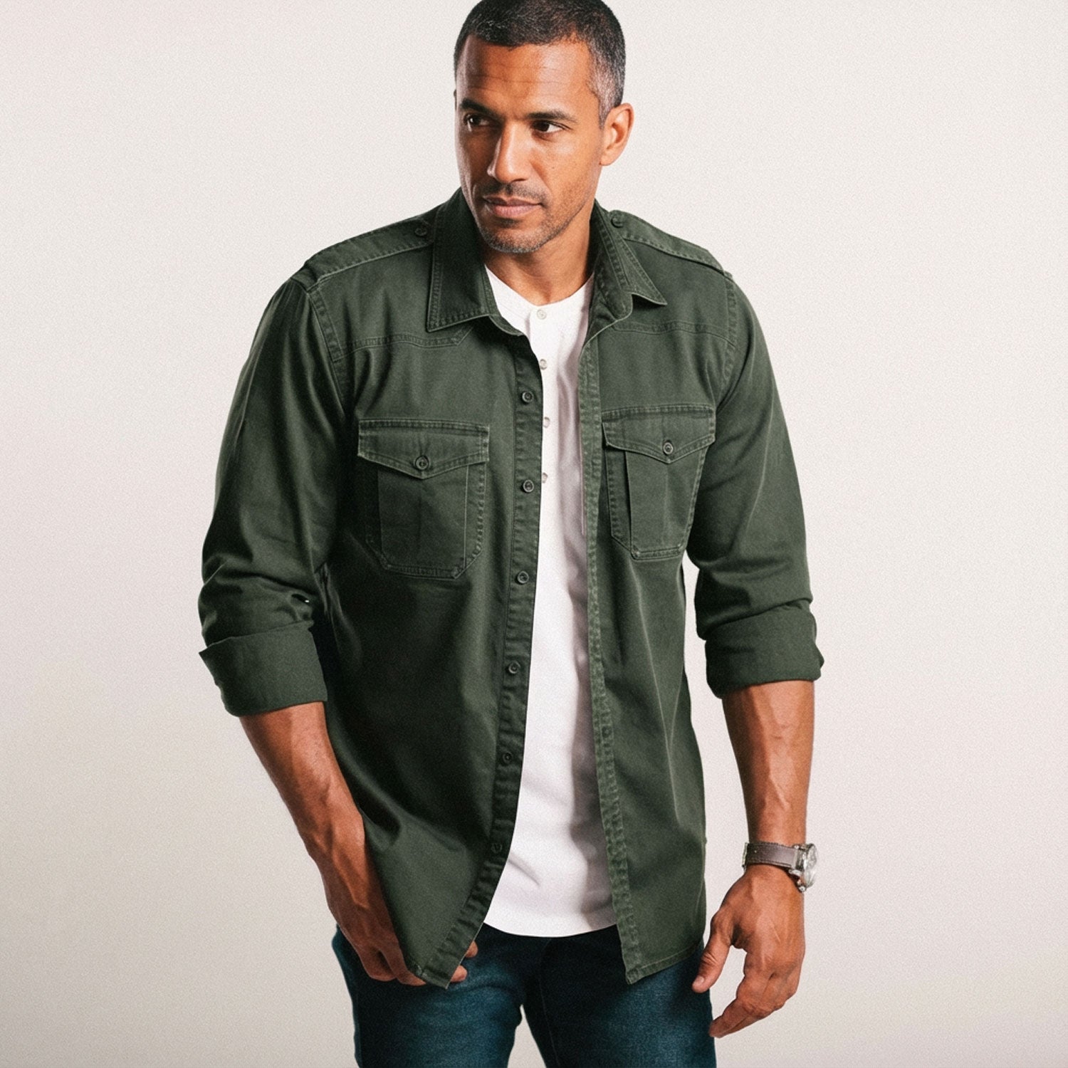 Men's Utility Shirt - Austin in Green Twill Medium Men's Utility Shirt - Austin in Green Twill Medium