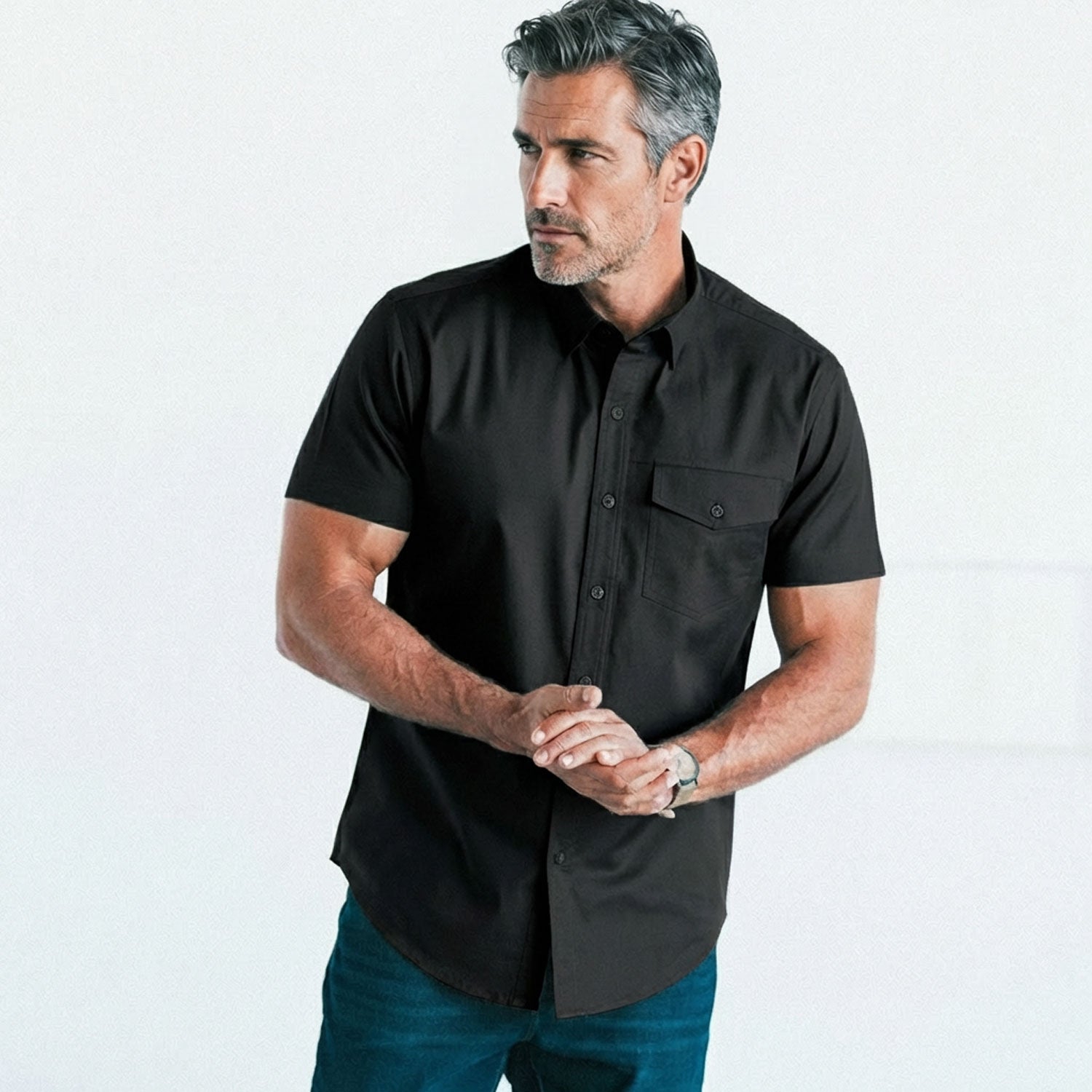 Author Short Sleeve Casual Shirt – Jet Black Cotton Twill